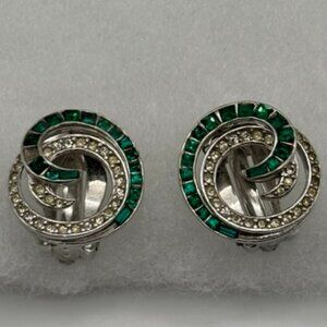 Vintage Ciner Clip-On Earrings, Faux Emerald and Diamond Swirl Silver Tone Metal